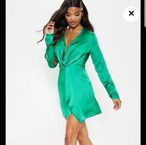 Green Satin Long Sleeve Wrap Dress